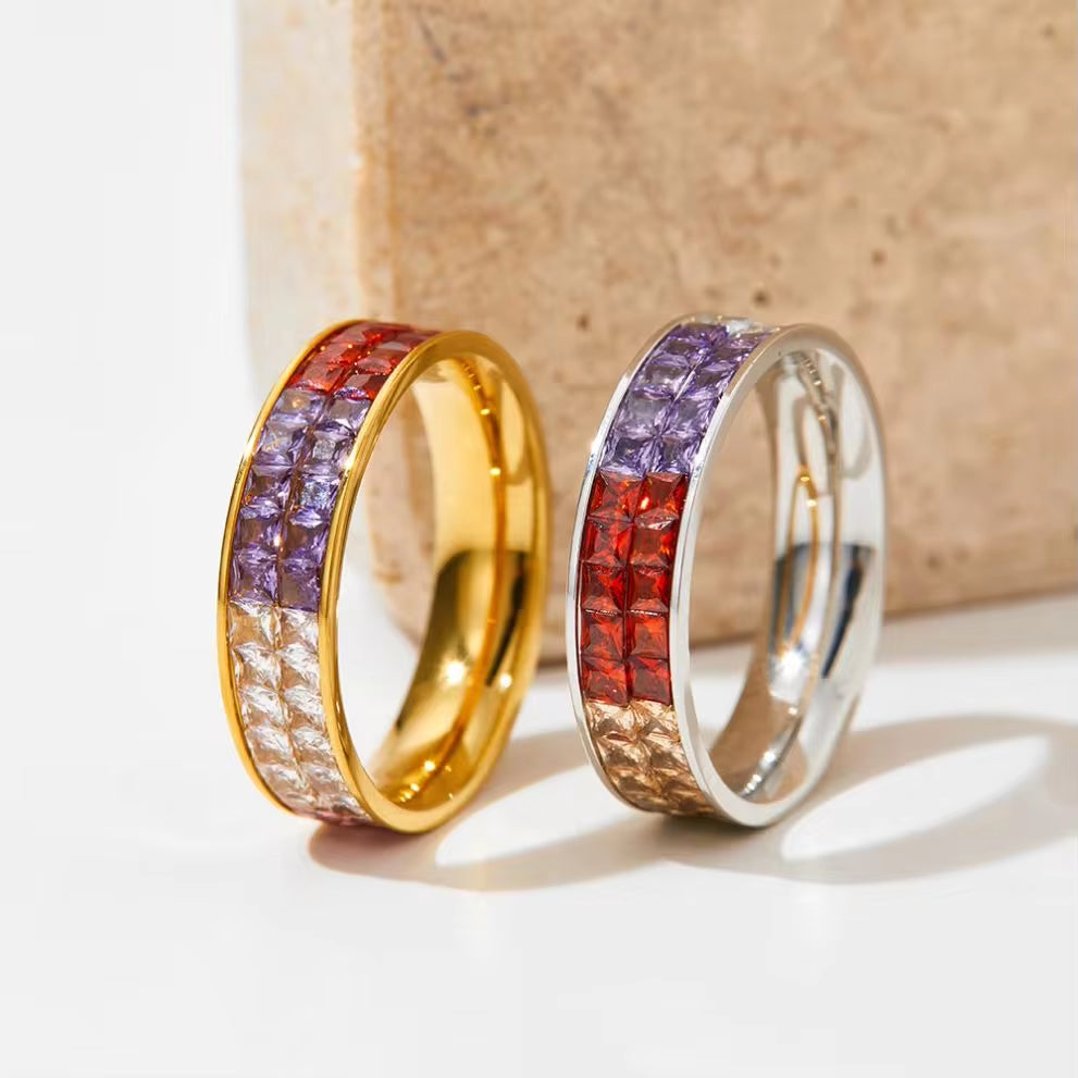 Classic Hot Sell Double Layer Square Crystal Pave Multicolor Stainless Steel Ring Colorful Diamond Rings Jewelry Wome My Store