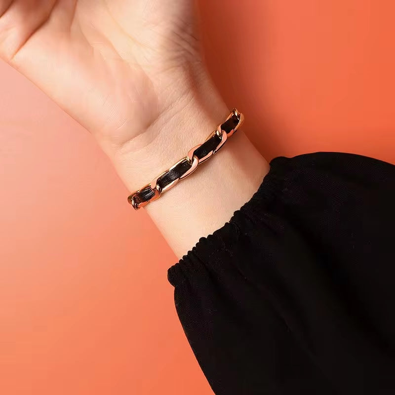 Stainless Steel Jewelry Personality Leather Rope Chain Bracelet Women Steel 18K Gold Bracelet My Store
