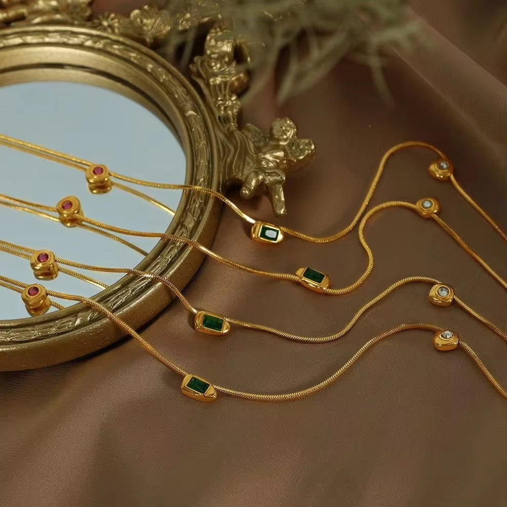 JEWELRY XL32 Scandinavian New Simple Gemstone Set French Vintage Collarbone Stainless Steel Necklace My Store