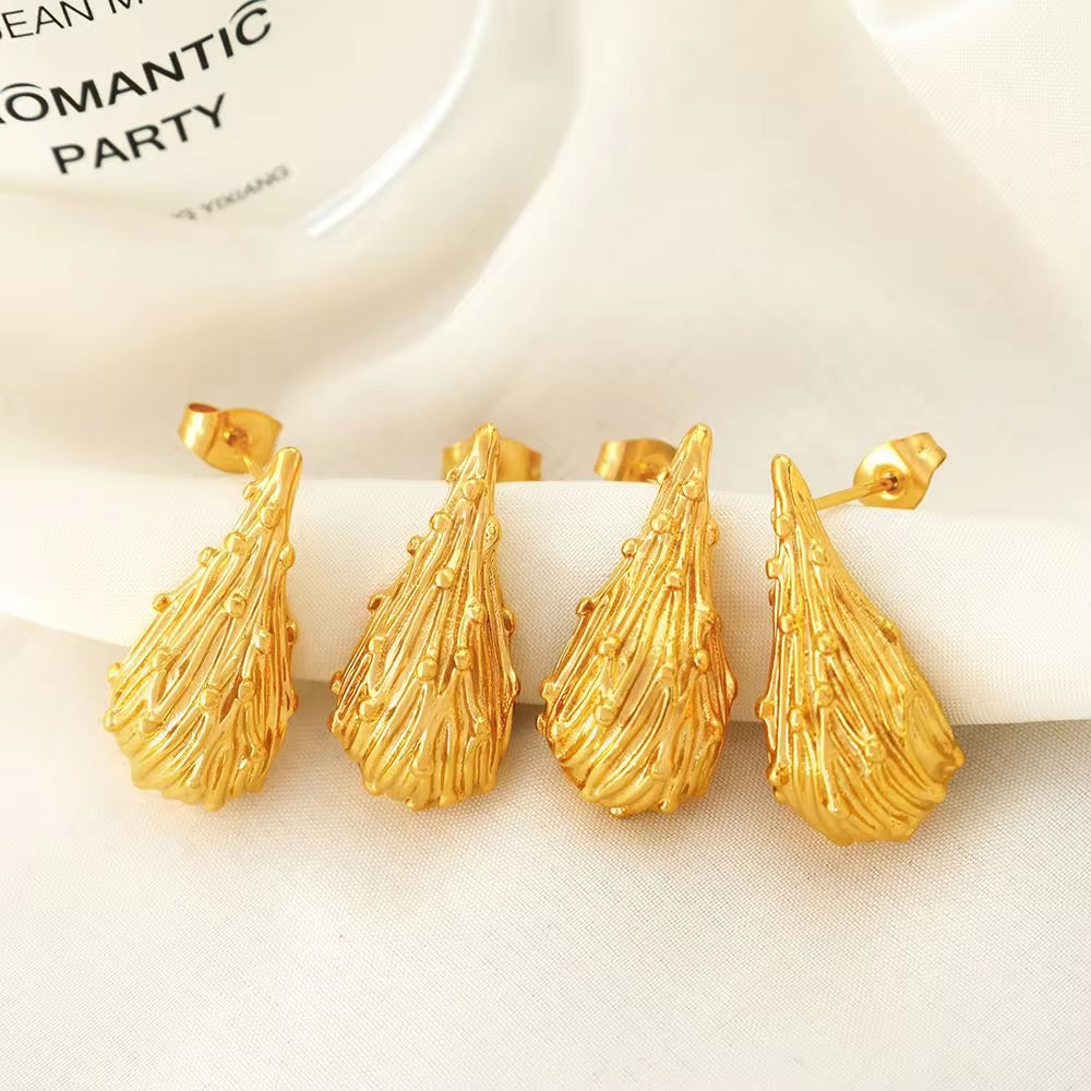 JEWELRY EH234 French Fashion Hollowed Out Water Drops Pleated Texture Stud Earrings Colour Retention Earrings My Store