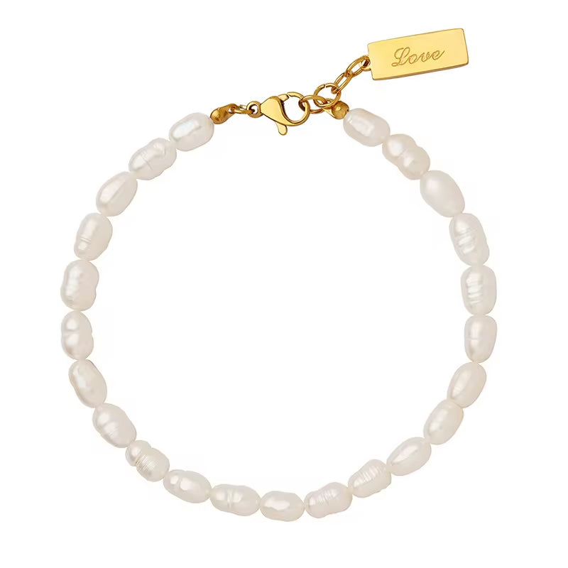 Dainty 18K Gold Plated Stainless Steel Lucky Charm Quality Fresh Water Pearl Jewelry Natural White Freshwater Pearl Bracelet My Store