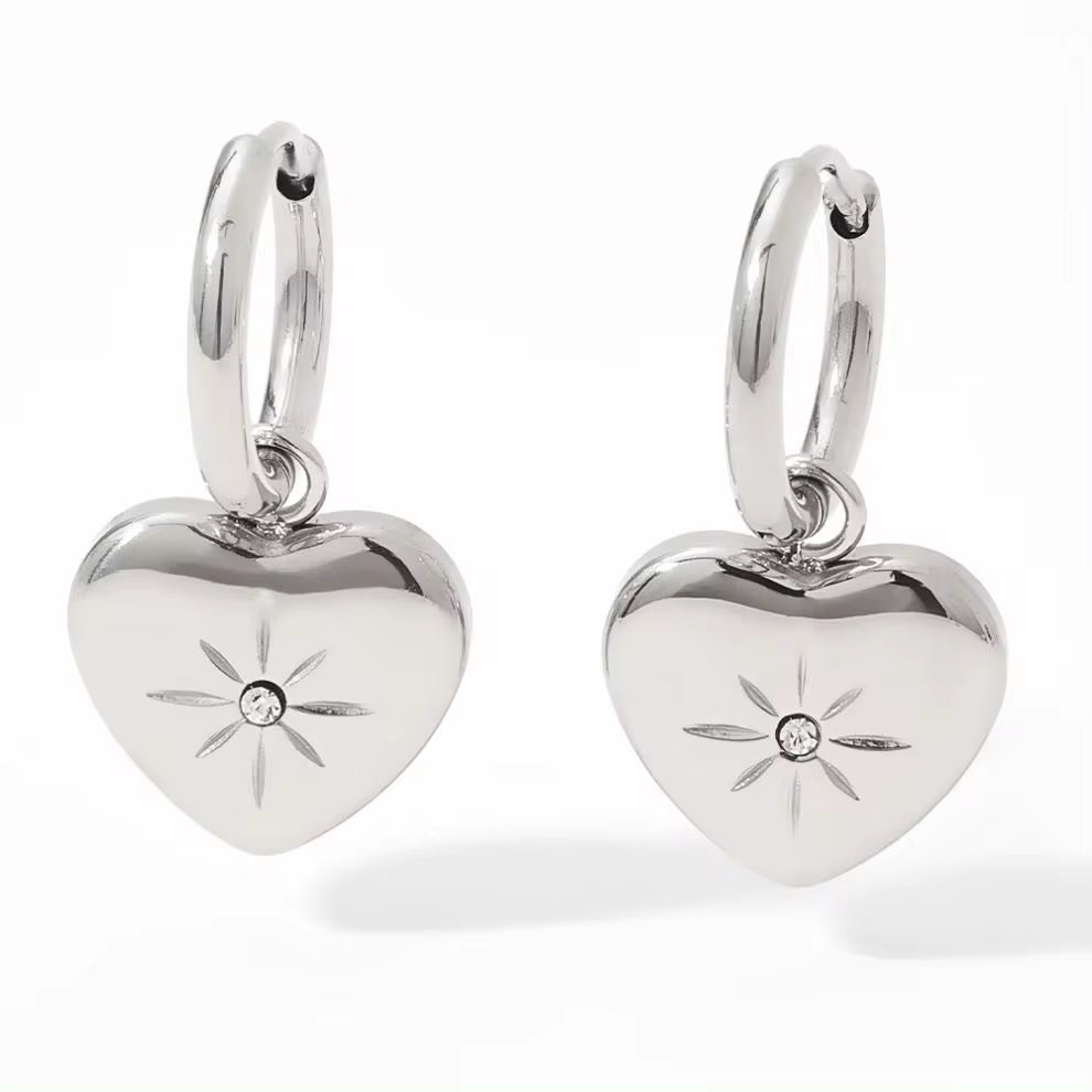Wholesale Custom Pvd 18K Gold Plated Stainless Steel Jewelry North Star Heart Dangle Charm Hoop Earrings My Store
