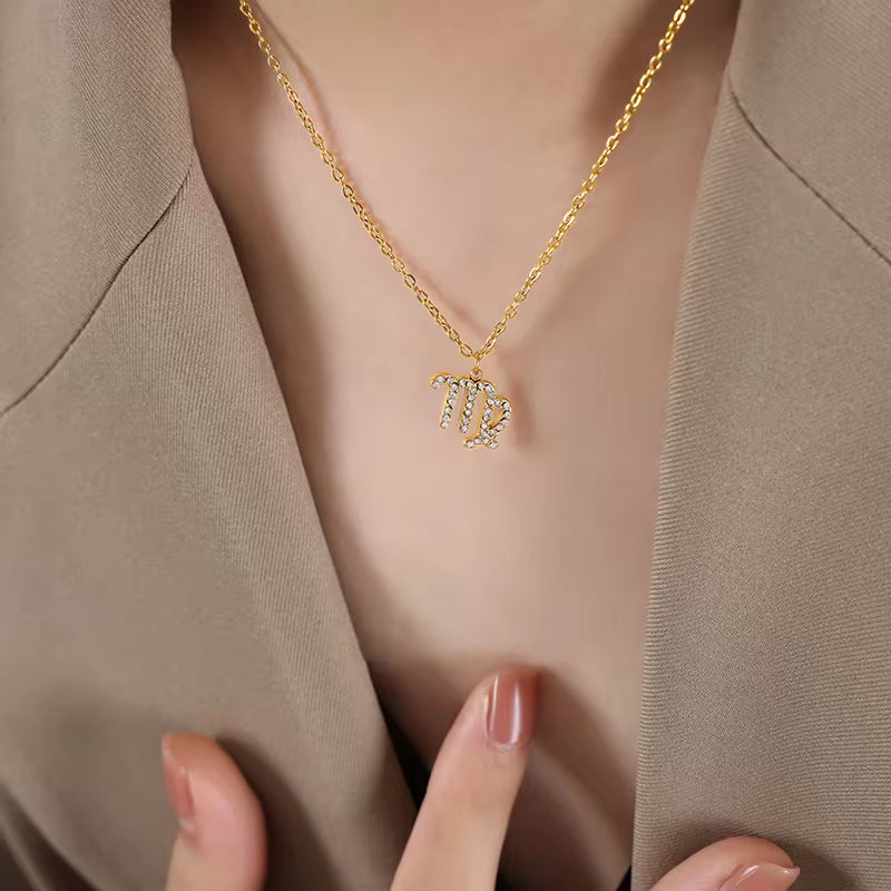 Minimalist Twelve Constellations18K Gold Plated Chain Crystal Charm Zodiac Necklace My Store