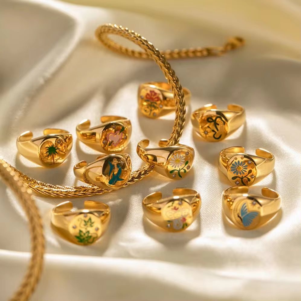 Spring Collections 18K Gold Plated Flower Tree Animal Pattern Rings Set Jewelry Fashion Colorful Oil Drop Ring My Store