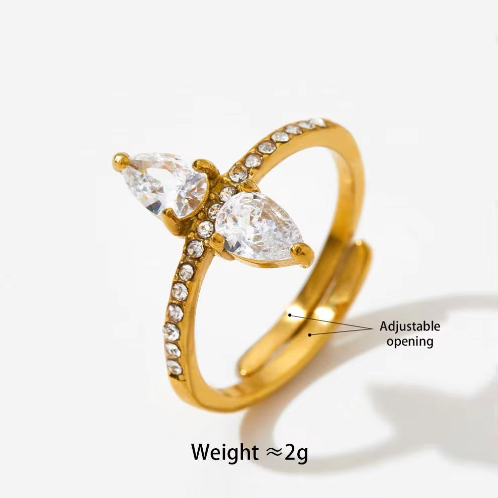 INS Charm Gold Plated Drop Shape Crystal Rhinestone Rings Waterproof Stainless Steel Jewelry Wrap Open Rings Gift for Women My Store