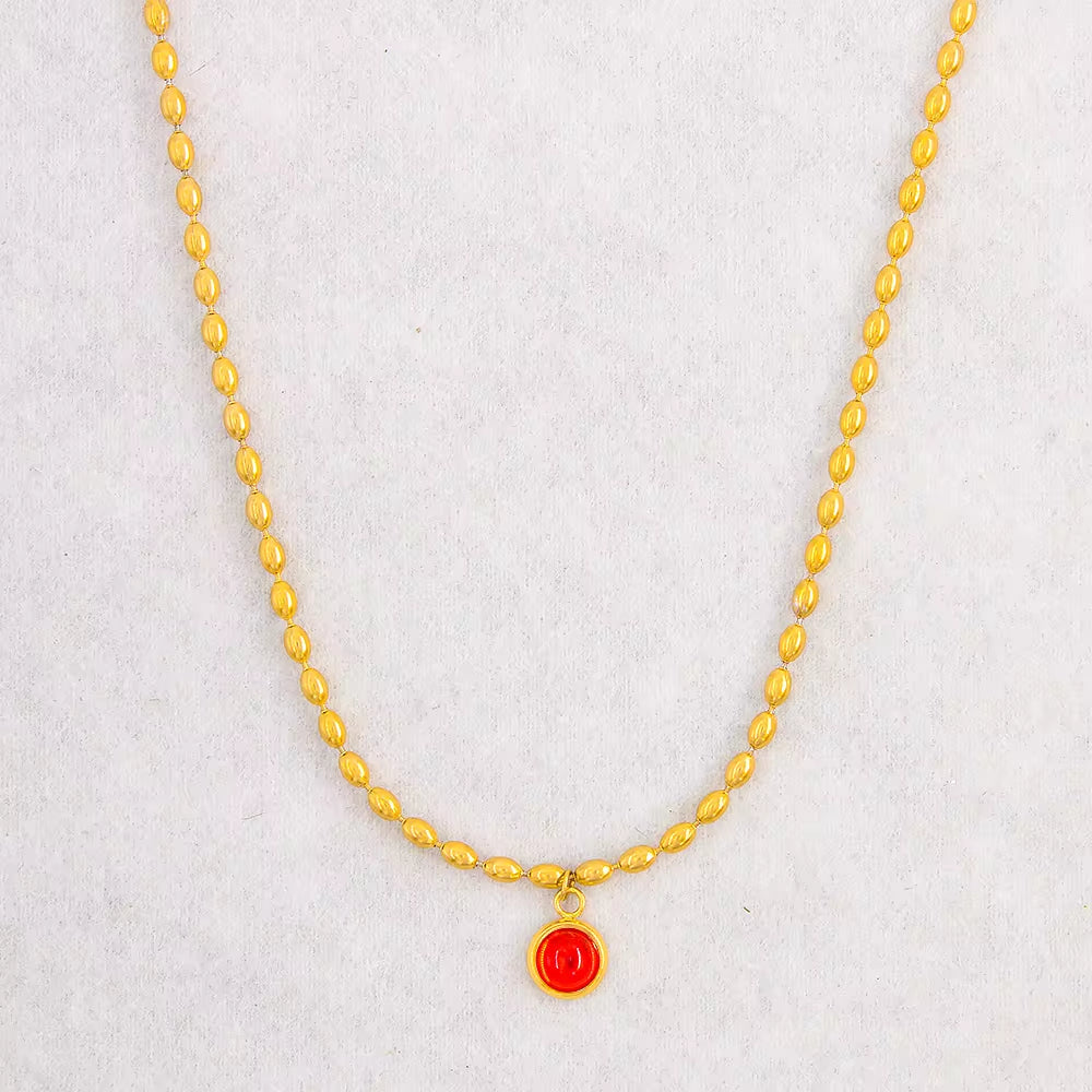 Delicate Stainless Steel Colorful Oval Bead Chain Jade Bead Pendant Necklace Vintage Stone Choker Gift for Lovers My Store