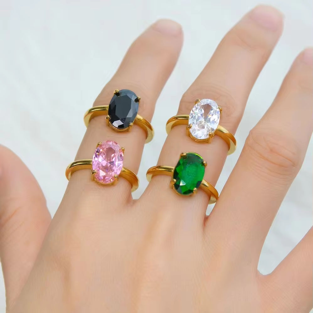 Wholesale Europe Simple Fashion 18K Gold Plated Stainless Steel INS Oval Shape Zircon Finger Rings for Women Girls My Store