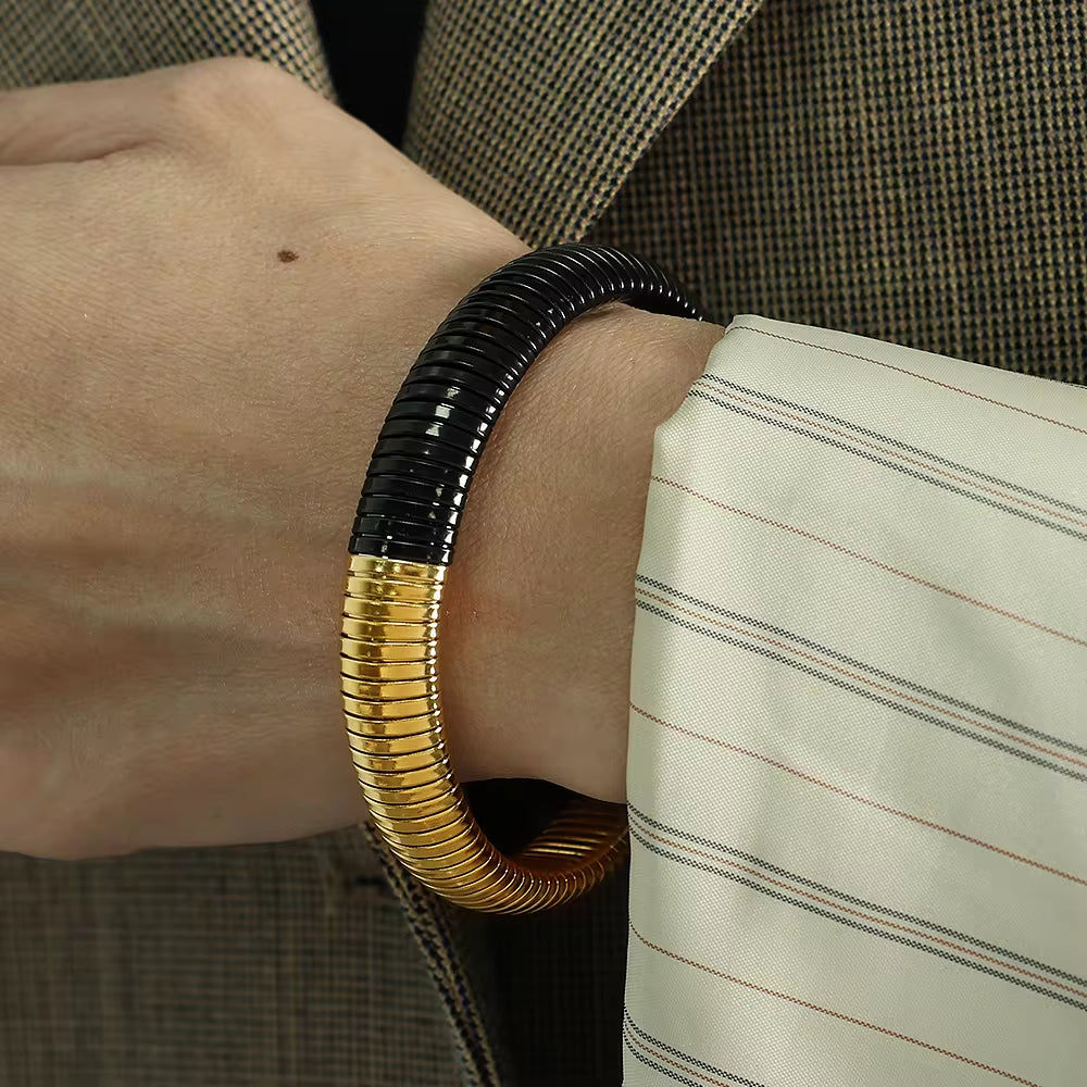 JEWELRY SZ12 Fashion Wide Face Colorblock Bangles Stretchy Snake Bone Hip Hop Style Bangles My Store