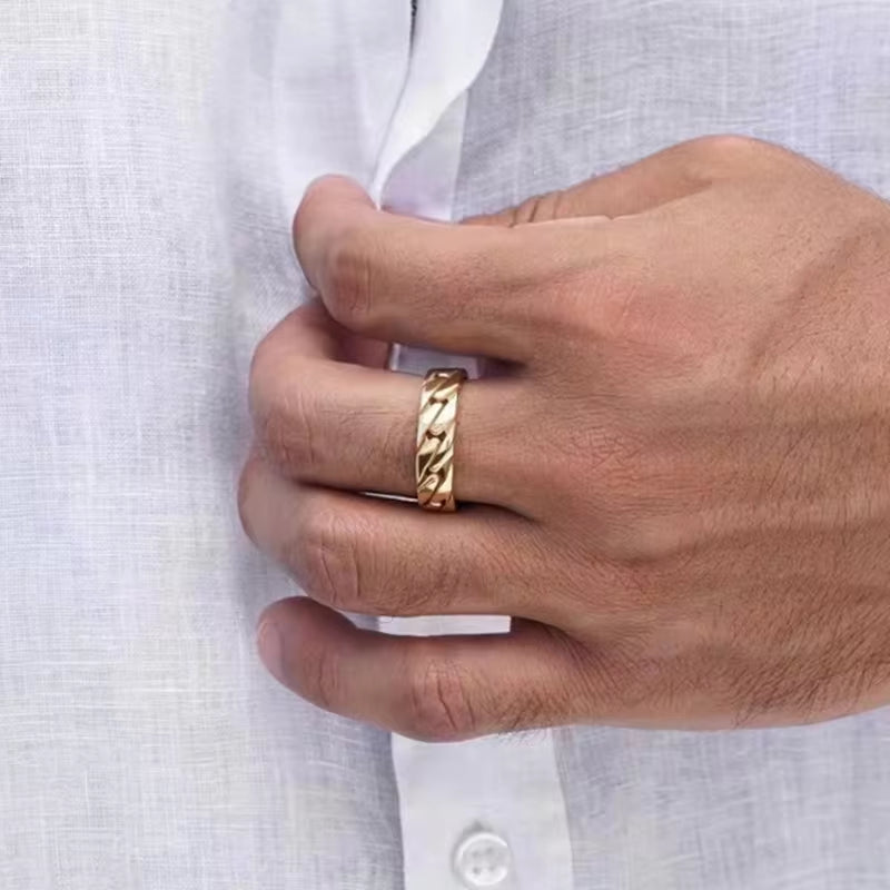 Tarnish Free Croissant Ring 18K Gold IP Plated Stainless Steel Striped Ring Miami Cuban Chain Chunky Ring My Store