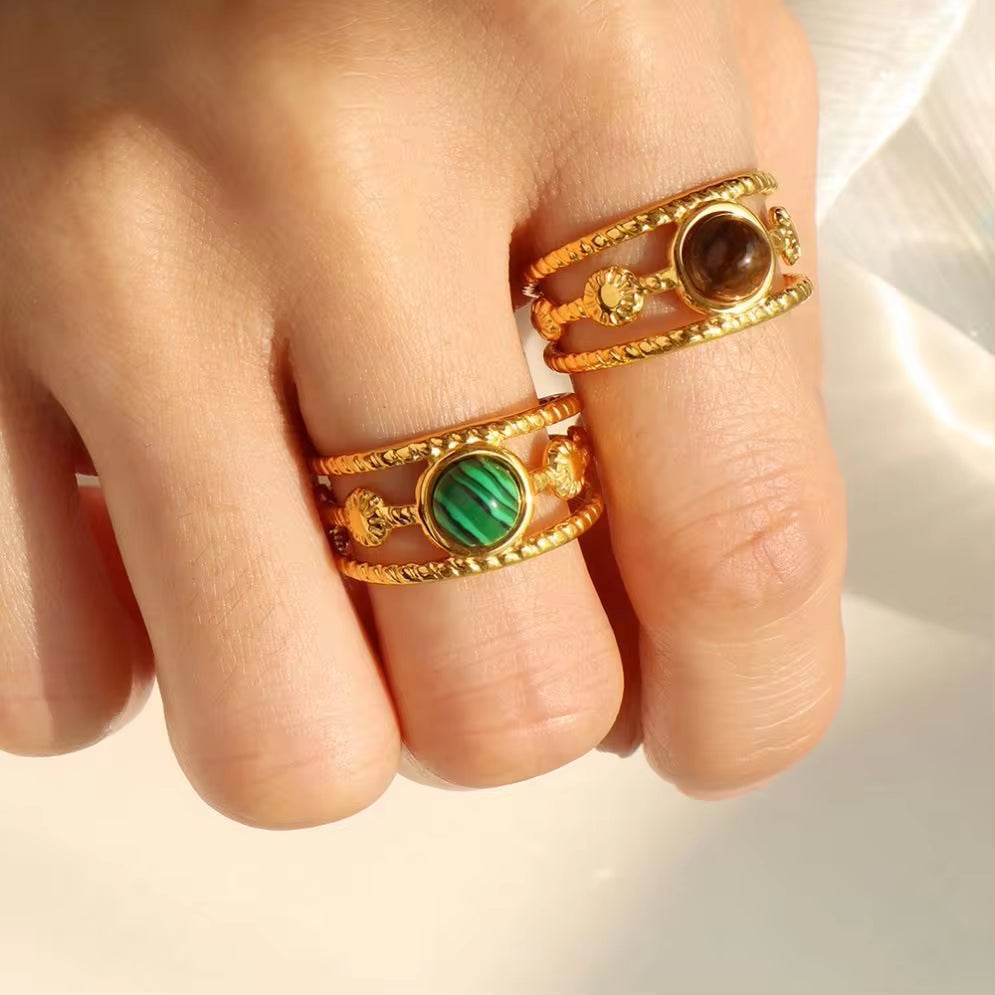 JEWELRY JZ26-27 Hot Sale Tiger Eye Turquoise Skeleton Ring Stainless Steel Open End Ring My Store