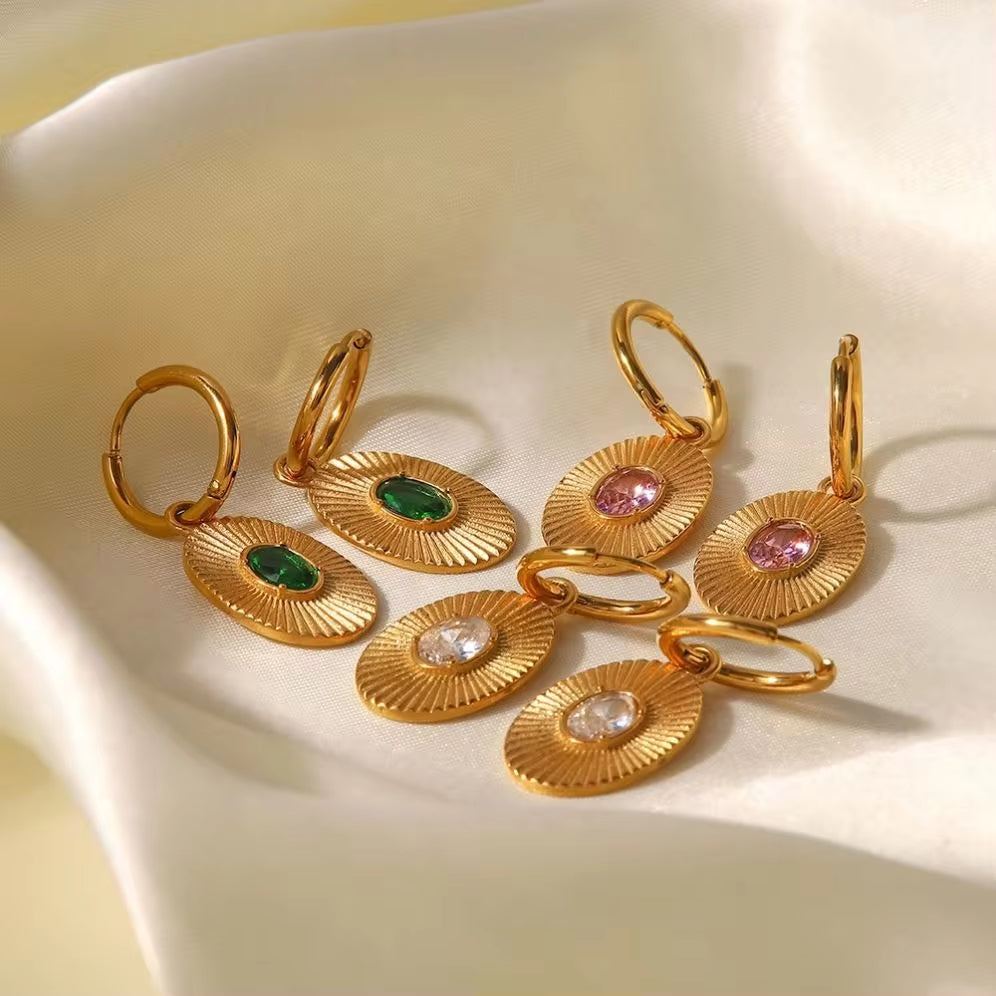 INS Style 18K Gold Plated Sunburst Earrings Stainless Steel Screw Zircon Paved Oval Pendant Necklace My Store