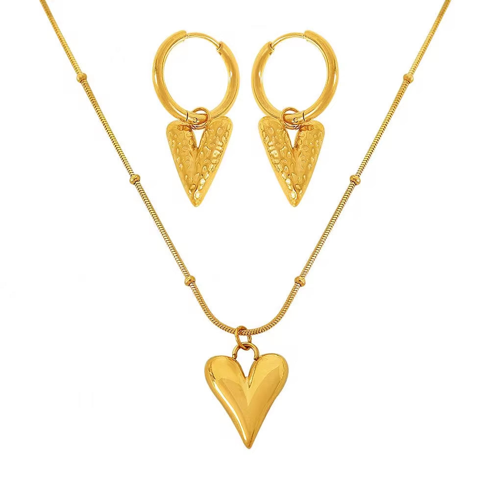 JEWELRY XL89-EH256 Simple Fresh Scenic Face Heart Necklace Earrings Heart Shape Texture Earrings Collarbone Chain Set My Store