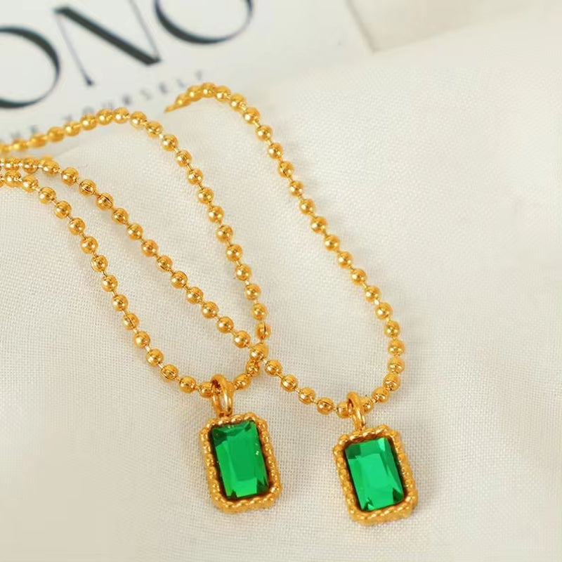 JEWELRY XL99 French Geometric Inlaid Glass Stone Necklace Peplum Quadrilateral Gold Pendant Necklace 18K Gold My Store