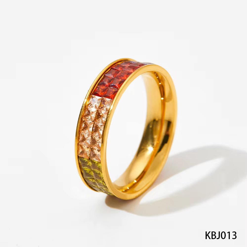 Classic Hot Sell Double Layer Square Crystal Pave Multicolor Stainless Steel Ring Colorful Diamond Rings Jewelry Wome My Store
