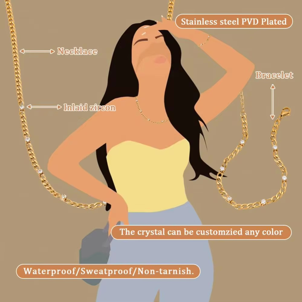 Exquisite Cubic Zirconia Stainless Steel Rainbow Cz Necklace Bracelet for Women Waterproof Fashion Jewelry Set My Store