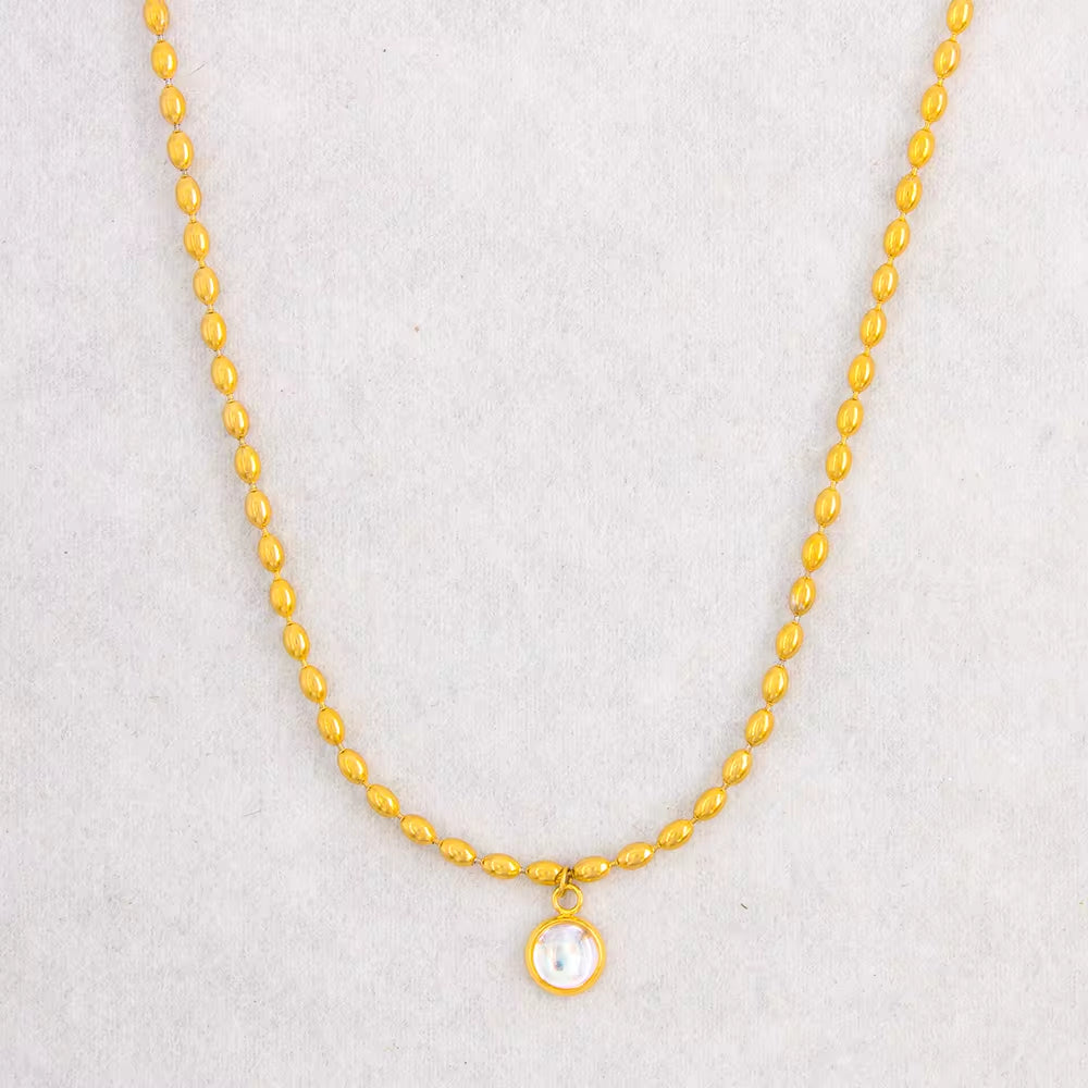 Delicate Stainless Steel Colorful Oval Bead Chain Jade Bead Pendant Necklace Vintage Stone Choker Gift for Lovers My Store