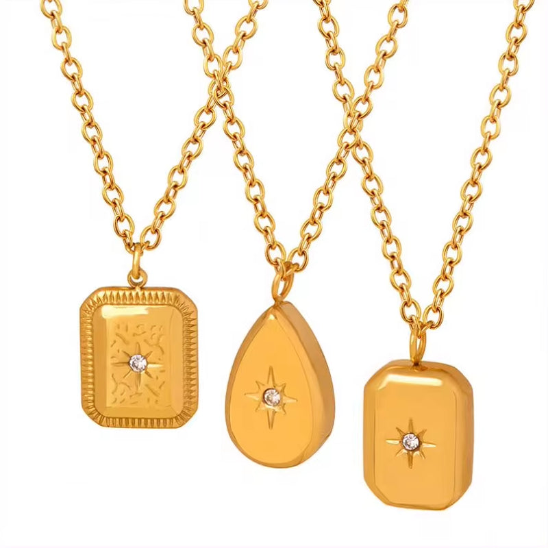 Fading Water Drop Square Star Zircon 18K Gold Plated Stainless Steel Non Tarnish Pendant Custom Necklace Logo My Store
