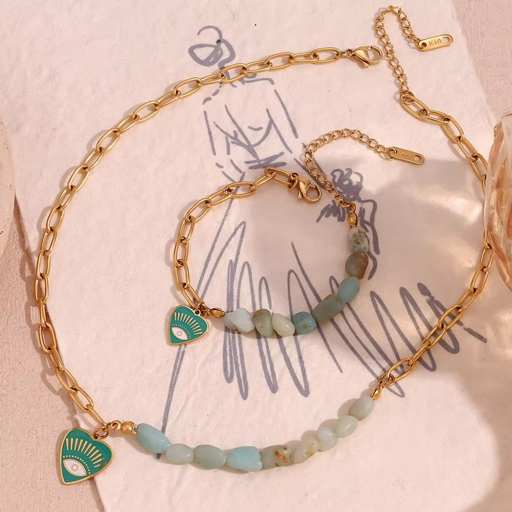 Splicing Amazonite Evil Eye Jewelry Gold Plated Charm Necklace Gold Plated Gemstone Jewelry Stainless Steel My Store