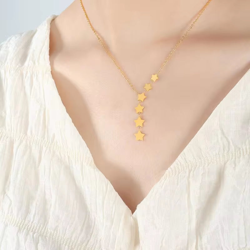 Korean Sweet Gold Plated Star Tassel Charm Pendant Light Luxury Titanium Steel Collarbone Necklace for Women My Store