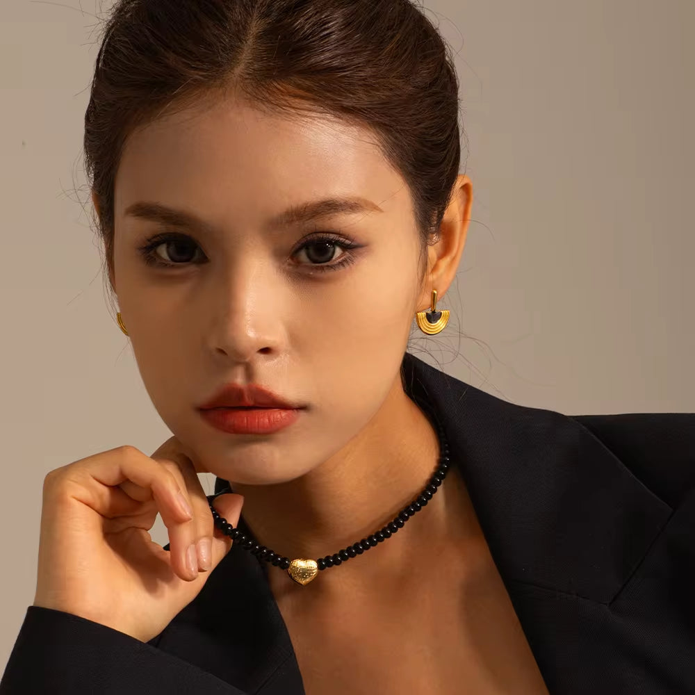 18K Gold Plated Stainless Steel Gift Black Obsidian Beads 3D Dimensional Heart Pendant Choker Necklace Women My Store