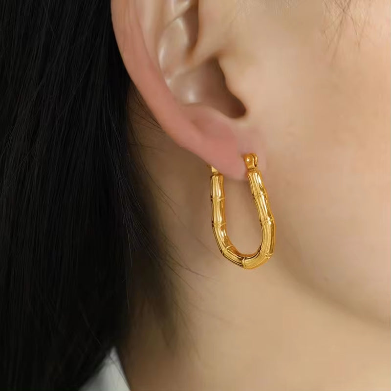 JEWELRY EH172 French Bamboo Curved Earrings Buckle Stainless Steel U Shape Earrings Hoop Daily Hundred Earrings My Store