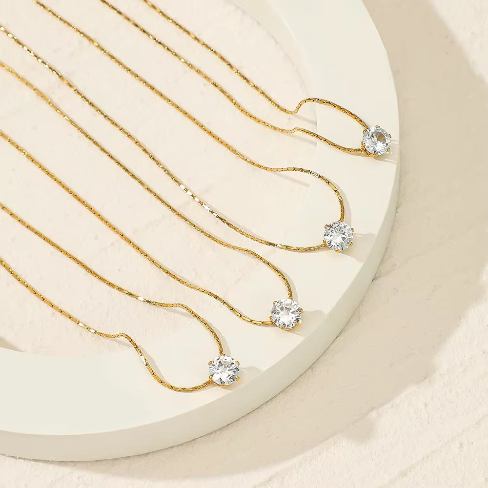 Waterproof Brilliant Solitaire Cubic Zirconia Pendant Necklace Ins 18K Gold Plated Diamond Stainless Steel Necklace Jewelry My Store