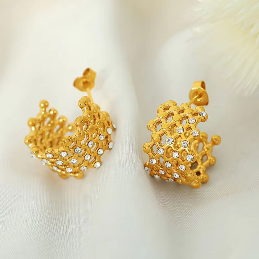 JEWELRY EH246-7 Hollowed Out Small Gold Beads Patchwork Grid-Like Earrings Set with Rubber Beads Rhinestone Earrings My Store