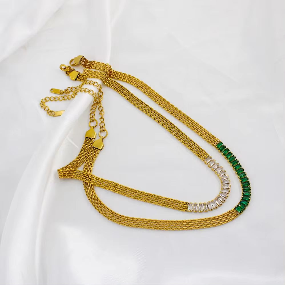 Mesh Chains Necklaces Tennis Green Zircon Square Stainless Steel 18K Gold Color-Preserving Bracelet My Store