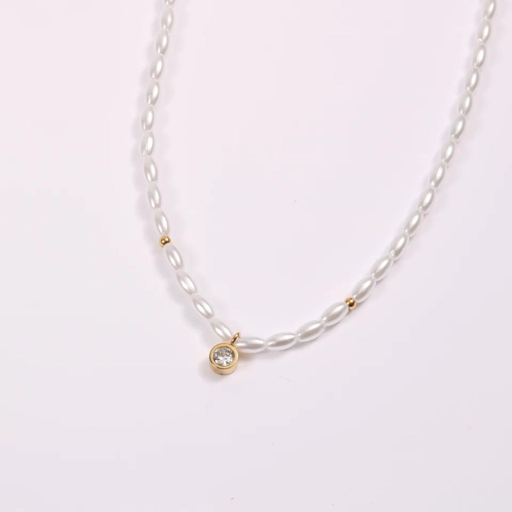 Waterproof Stainless Steel Seed Bead Choker Necklace Fashion Baroque Freshwater Pearl round Zircon Pendant Necklaces My Store