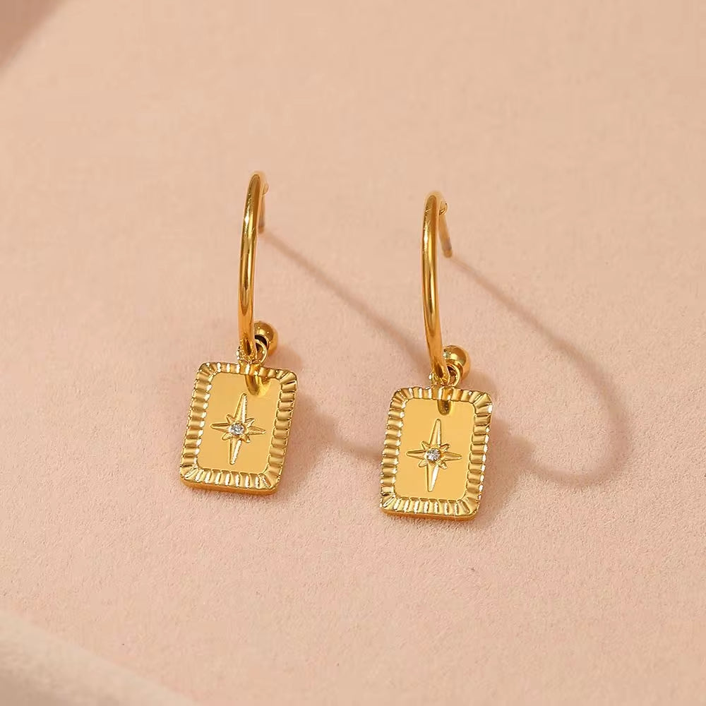 Real Gold Plated Stainless Steel Zircon Star Tags Pendant Earrings Gold Tone Steel Tags Zircon Star Earrings for Girls My Store