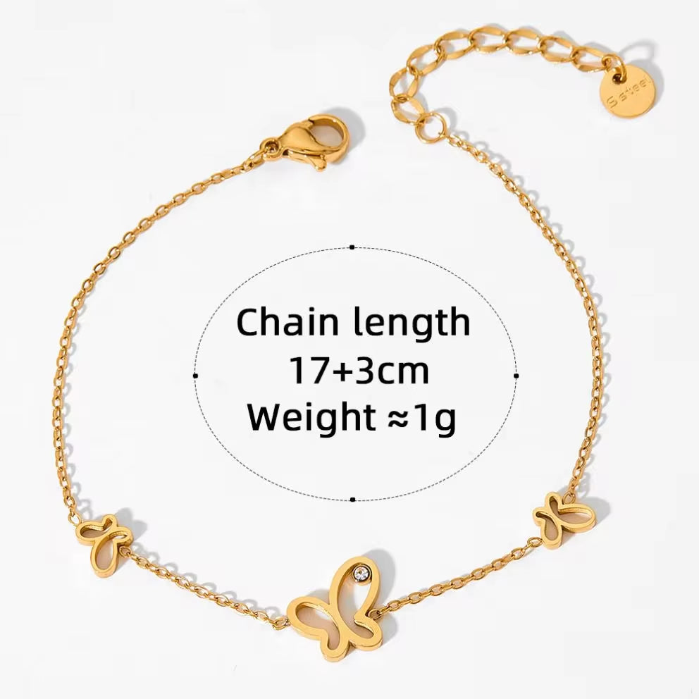 Ins Gold Plated Stainless Steel Three Butterfly Shape Hollow Zircon Necklace Bracelet Thin Chain Gift Bracelet My Store