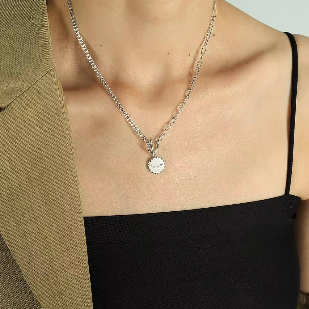 JEWELRY XL12 Wholesale OT Buckle round Plaque Necklace Women'S Alphabet Duplex Fashionable Collarbone Chain My Store