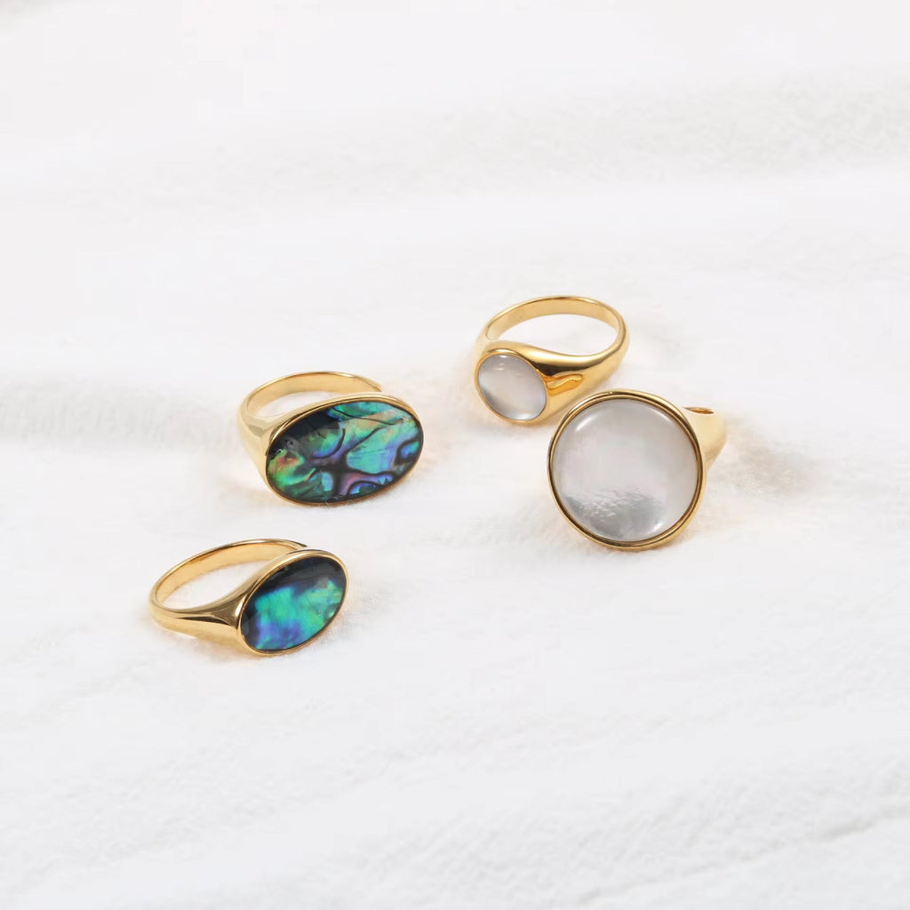 Waterproof 18K Gold Plated Oval Abalone Shell Rings Stainless Steel Jewelry Dainty round Natural Shell Rings My Store