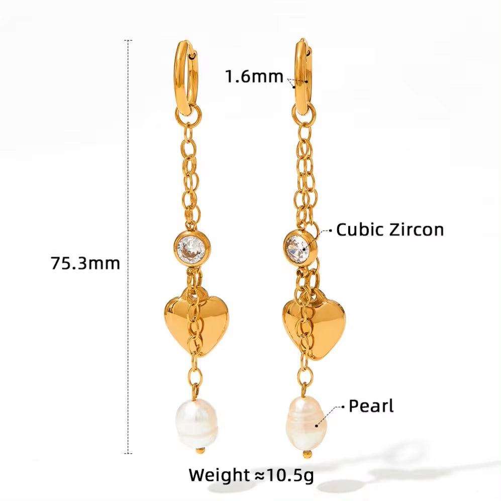 18K Gold 316 Stainless Steel Chain Link Natural Pearl Heart Long Drop Dangle Earrings for Women Waterproof Jewelry My Store