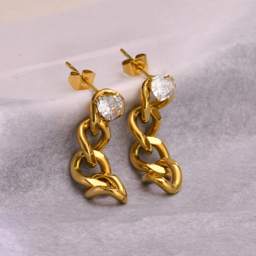 Hot Sale Ip Gold Plating Cubic Zircon Link Chain Pendant Earrings No Fade Stainless Steel Heart Shape Diamond Chain Earrings My Store