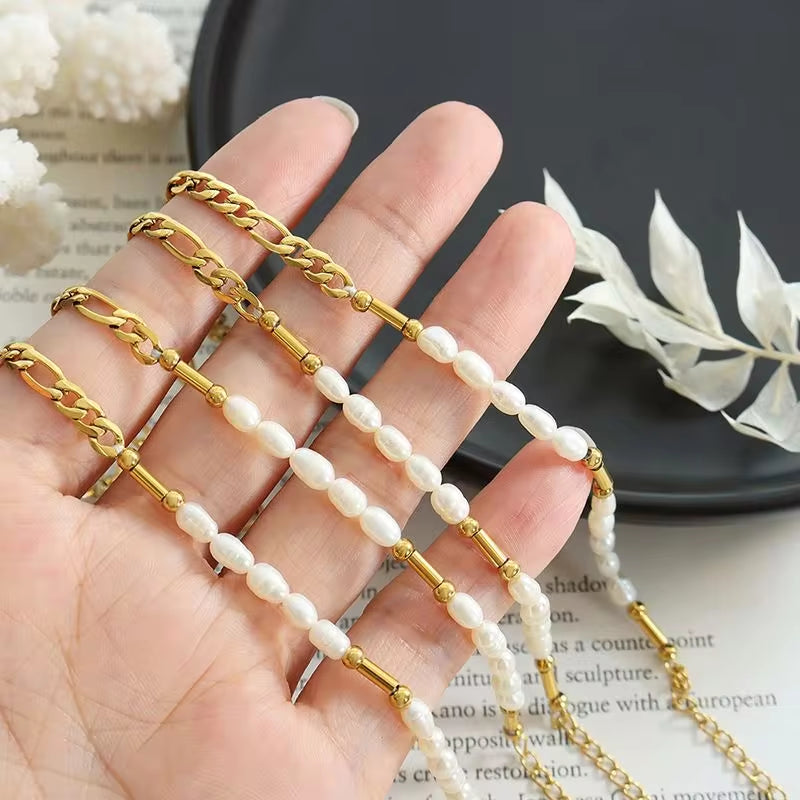 Stainless Steel Beaded Elegant Splicing 18K Gold Plated Pearl Figaro Chain Bracelet My Store