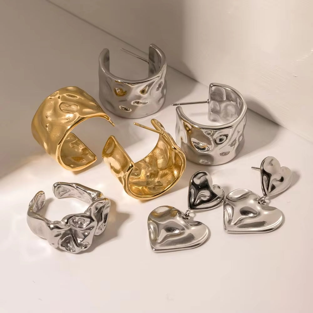 Design Hammer Molten Style Chunky Earrings Rings 18K Gold Plated Stainless Steel Romantic Love Earring My Store