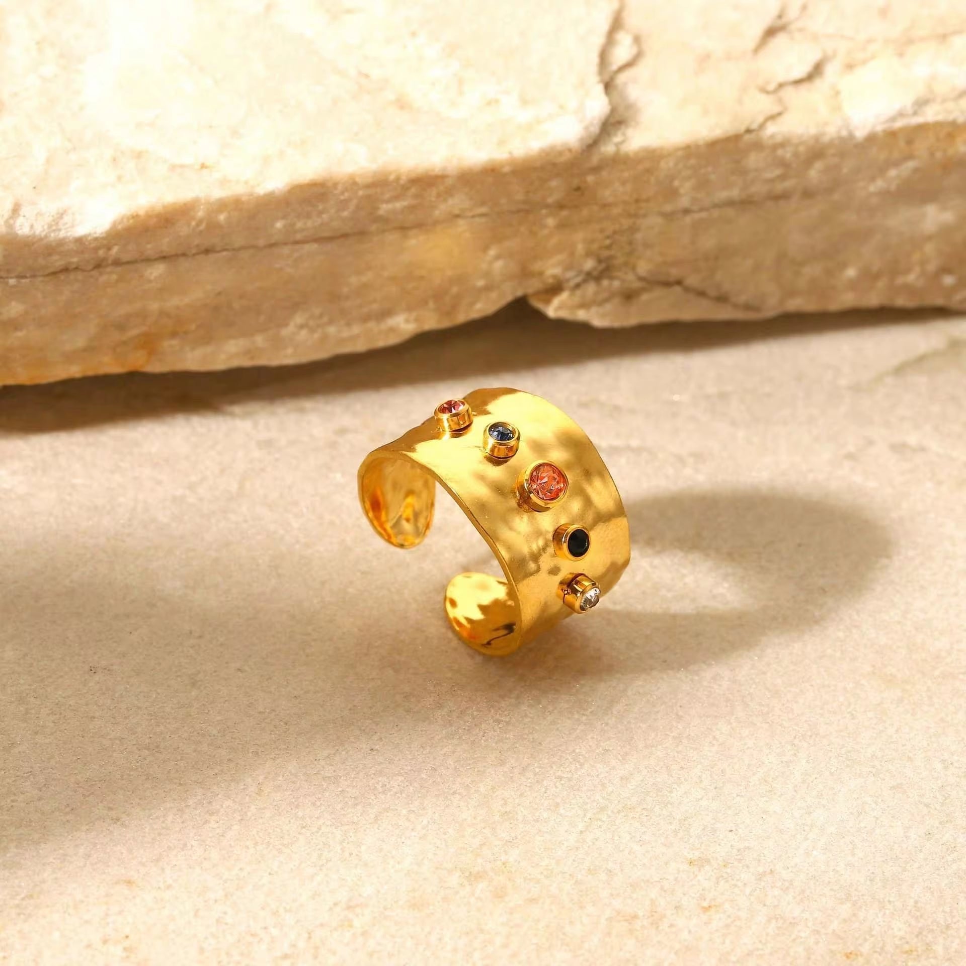 Wholesale Fashion Creative Colorful Zircon Wide Version Jewelry Hand Jewelry Ladies 18K Gold Stainless Steel Ring My Store