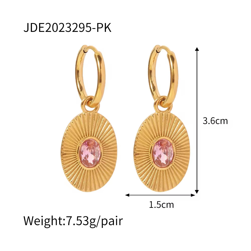 INS Style 18K Gold Plated Sunburst Earrings Stainless Steel Screw Zircon Paved Oval Pendant Necklace My Store