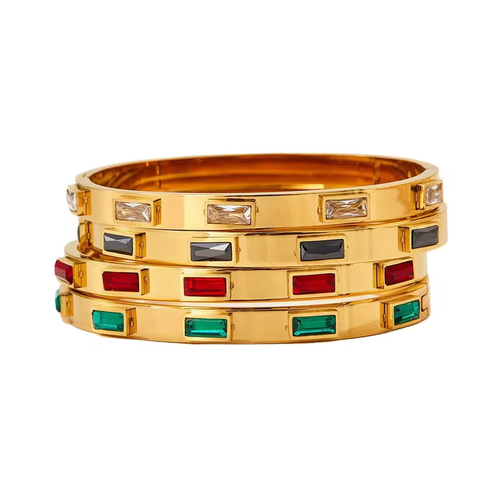 18K Gold Plated Green Cubic Zirconia Bezel Setting Dainty Stainless Steel Bangles for Women as Gift My Store