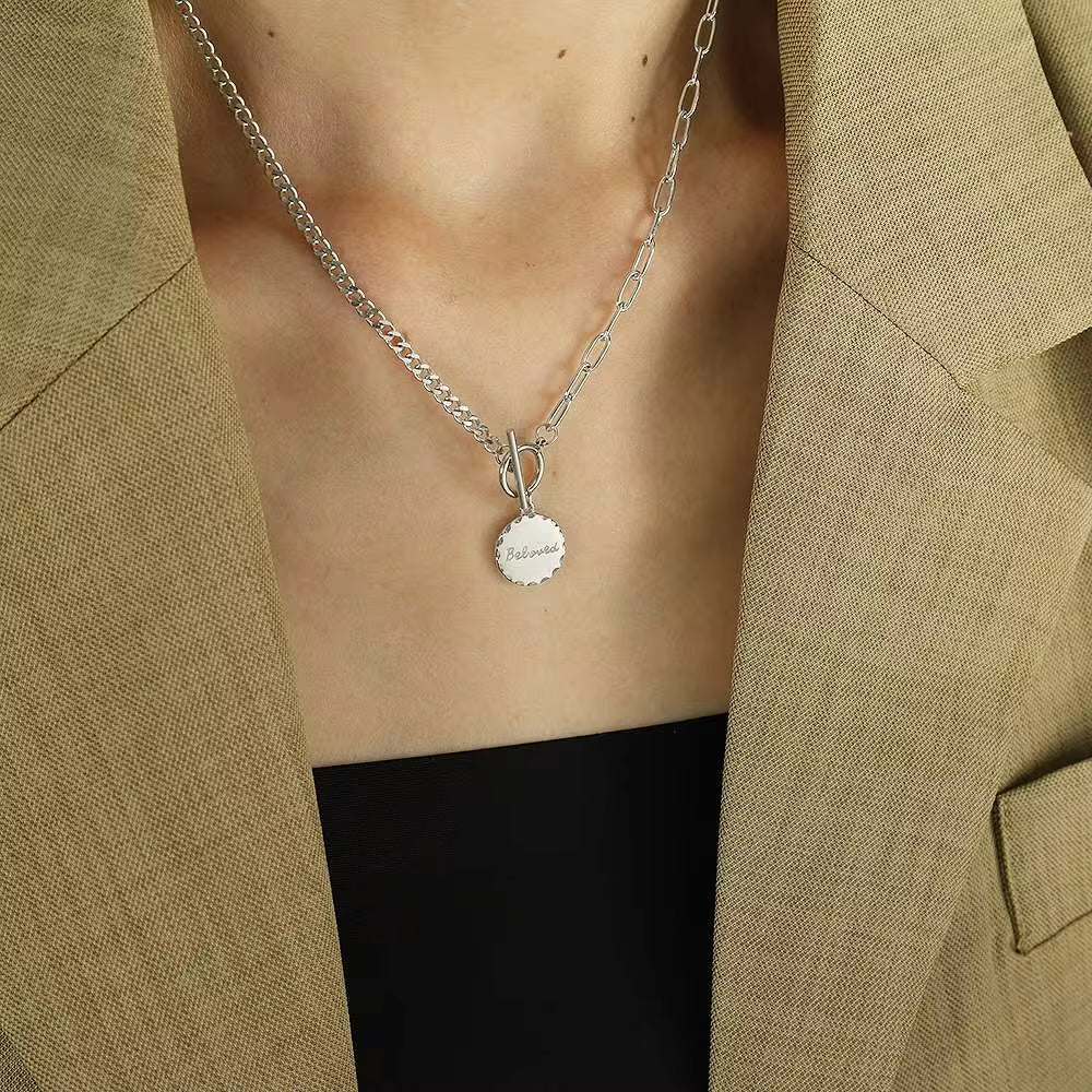 JEWELRY XL12 Wholesale OT Buckle round Plaque Necklace Women'S Alphabet Duplex Fashionable Collarbone Chain My Store