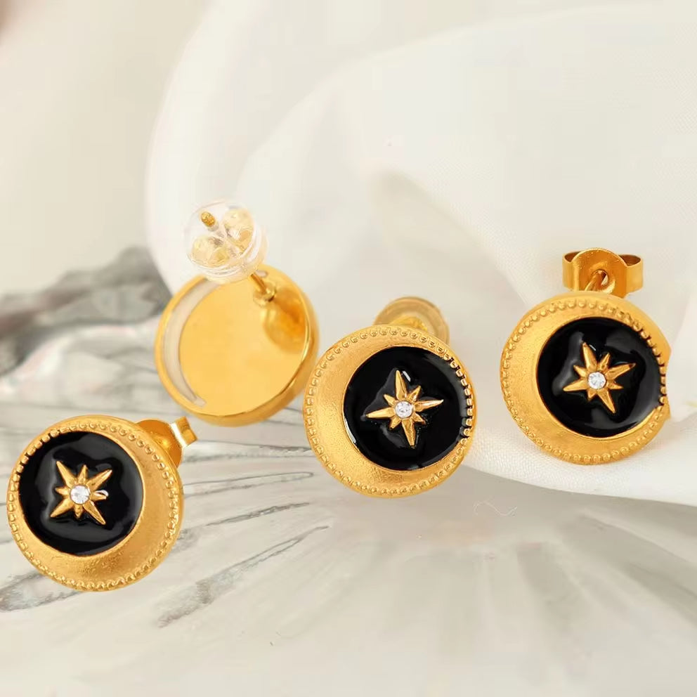 JEWELRY EH290 Wholesale Lace Disc Off-Center Black Oil Drip Mansion Fashion Simple Gold Plated Earrings My Store