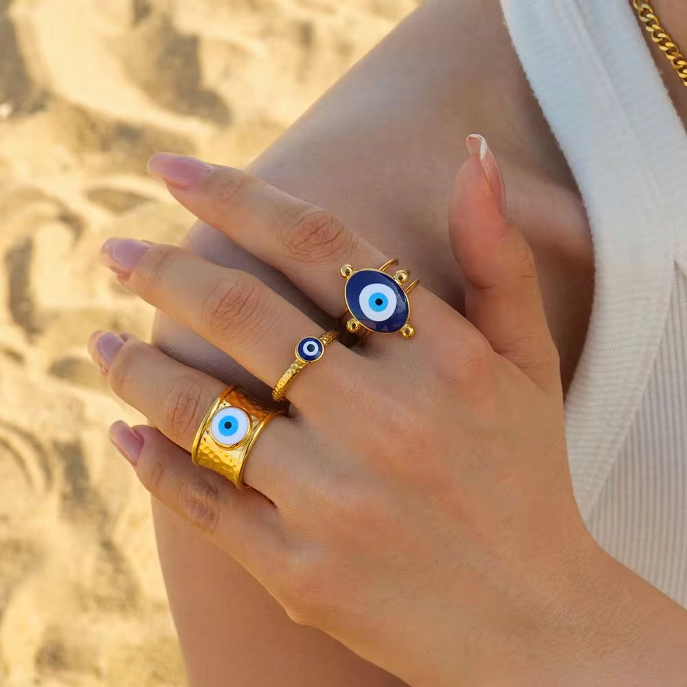 Jewelry 18K Gold Plated Eye Ring Stainless Steel Hollow Layer Blue Enamel Evil Eyes Open Rings My Store