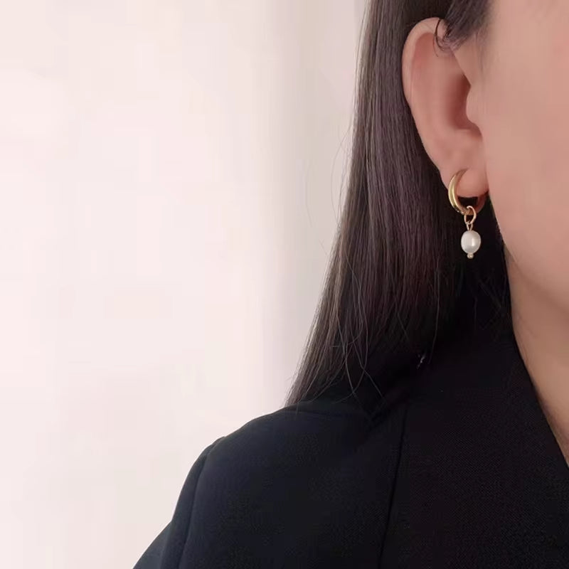 Classic 18K Gold Plated Natural Pearl Drop Earrings Waterproof Stainless Steel Pearl Huggie Earrings My Store