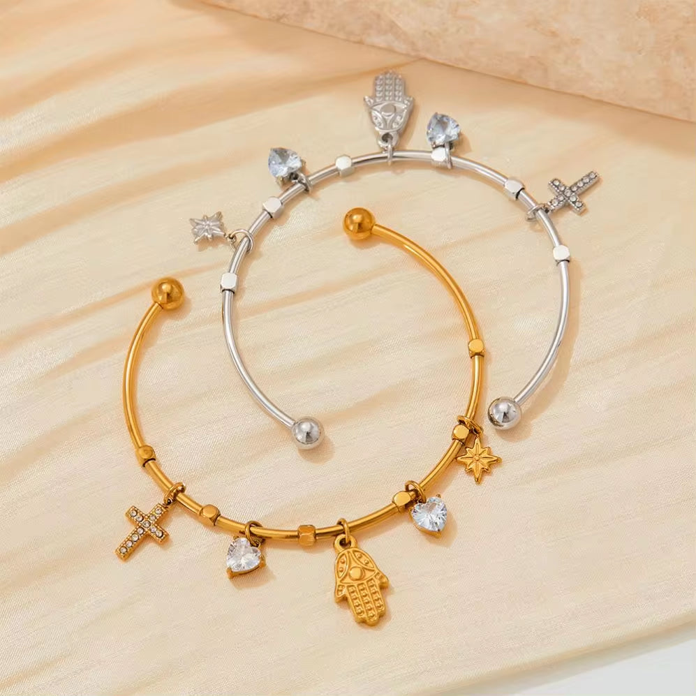Tarnish Free Gold Plated Open Cuff Bangle Stainless Steel Eye Heart Zircon Cross Hasma Hand North Star Charms Bracelets & Bangle My Store