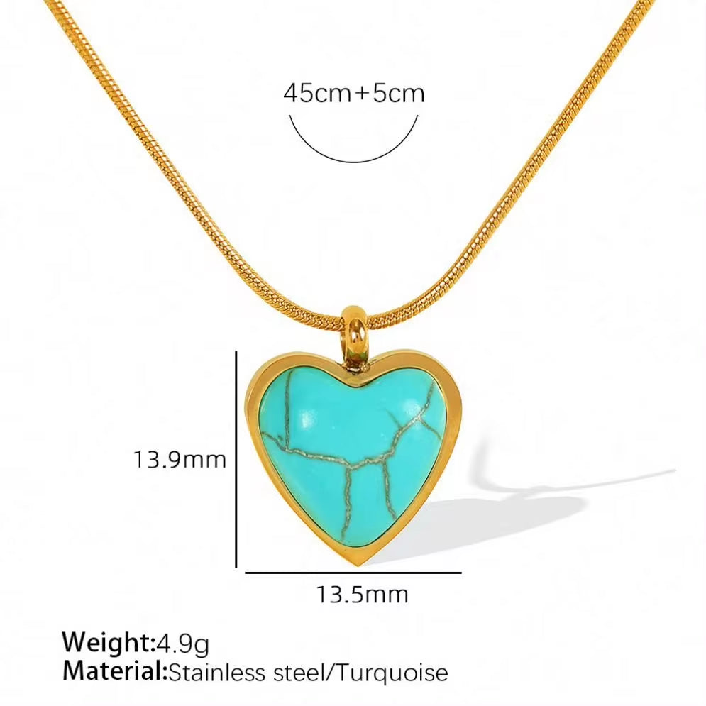 JEWELRY XL95 New Emerald 18K Gold Stainless Steel Heart Shaped Turquoise Pendant Necklace My Store