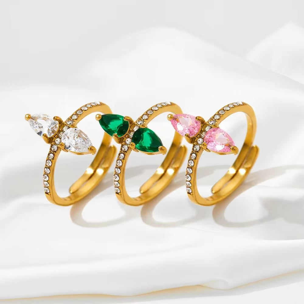 INS Charm Gold Plated Drop Shape Crystal Rhinestone Rings Waterproof Stainless Steel Jewelry Wrap Open Rings Gift for Women My Store