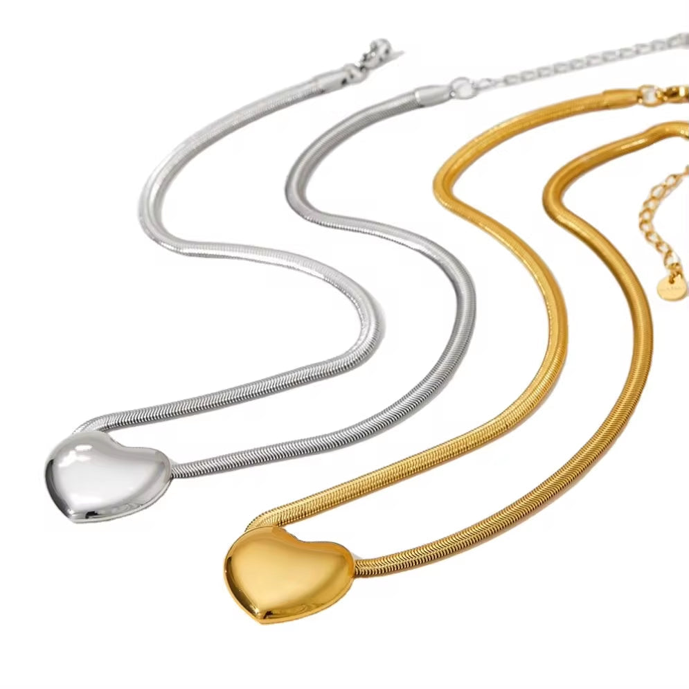 Waterproof PVD Gold Plated Flat Snake Chain Love Vintage Stainless Steel Jewelry Heart Charm Pendant Necklace for Women My Store