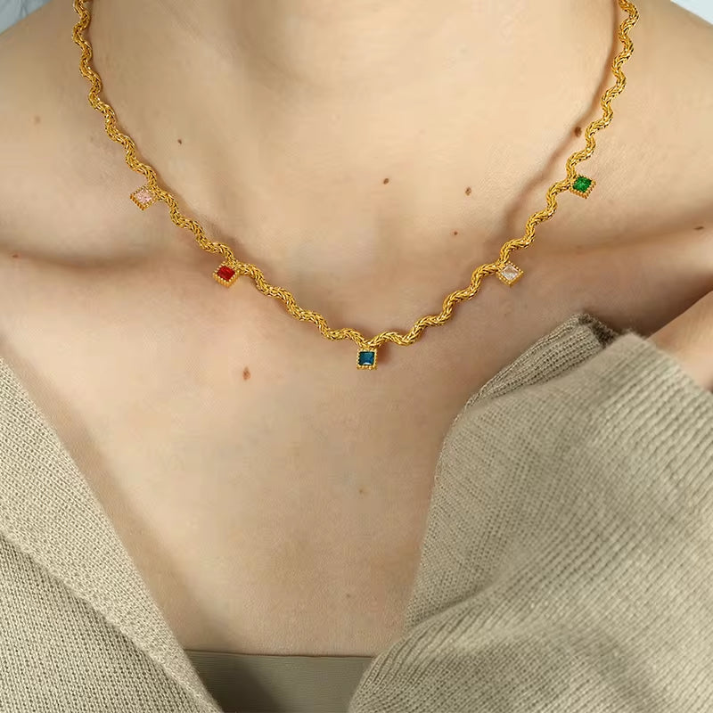 JEWELRY XL48-51 Fashion Wave Tassel Flower Necklace Colorful Zirconia Collarbone Necklace for Women My Store