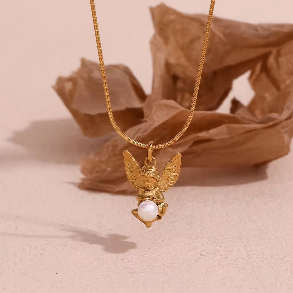 Vintage Pearl Angel Pendant Necklace and Earring Set Gold Plated Stainless Steel Jewelry Set My Store